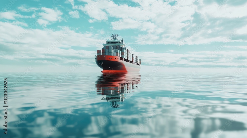 Fototapeta premium Container ship in the sea, front view, water reflection