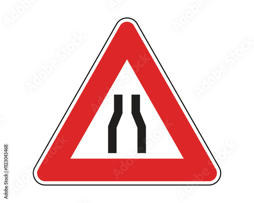 Narrow Road Warning Sign Featuring Red Triangle and Black Converging Lines Icon, Indicating a Reduction in Road Width Ahead, Available as a Vector File