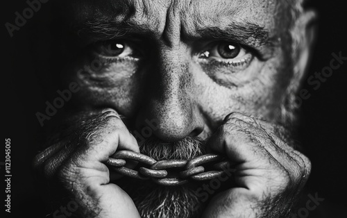 Monochrome portrait of a man with a chain. His face conveys a spectrum of emotions, evoking themes of strength, vulnerability, and resilience. photo