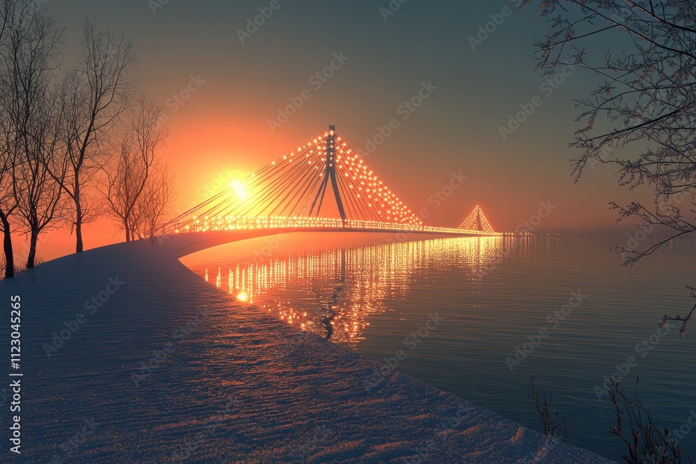 Obraz premium A serene sunset over a bridge, reflecting light on calm waters with snowy banks.