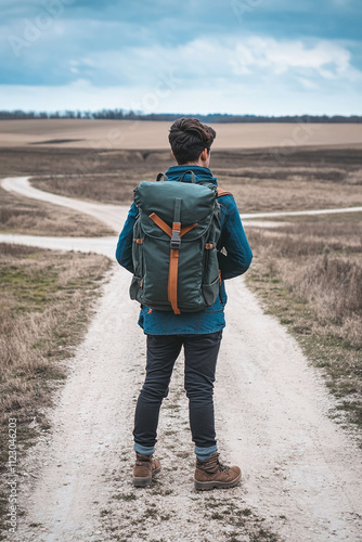 A traveler with a backpack standing at a crossroads in a rural area. Road to destination concept  photo