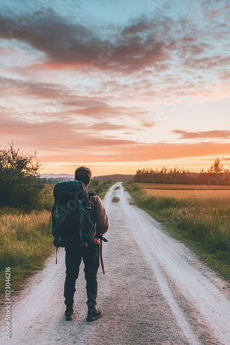 A traveler with a backpack standing at a crossroads in a rural area. Road to destination concept  photo