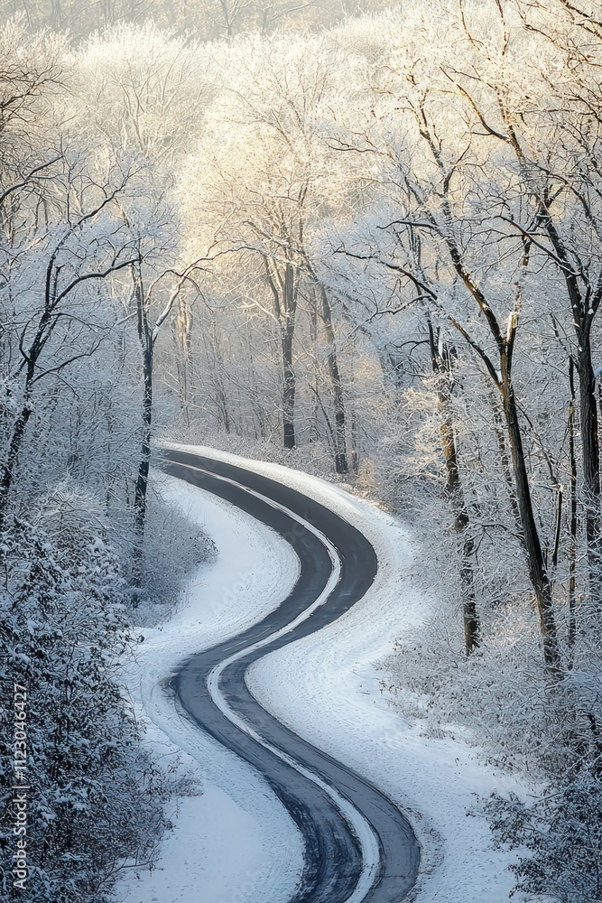 Obraz premium Winding Snow Covered Road in Winter Forest Landscape Photography