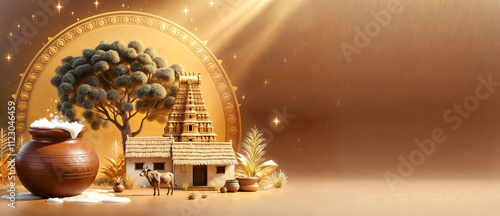 product display, pongal festival in white background with pongal pot, sugar can, diya and tradition design, 3d render	
