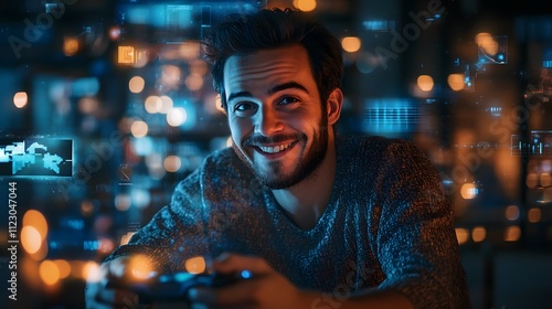 Wallpaper Mural Smiling young man enjoying a video game while holding a gaming controller, surrounded by a glowing screen in a cozy, vibrant setup Torontodigital.ca