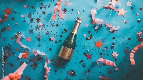 Golden champagne bottle surrounded by sparkling confetti stars, festive party streamers, and celebratory elements in a flat lay style. Perfect for Christmas, birthday, or wedding themes photo