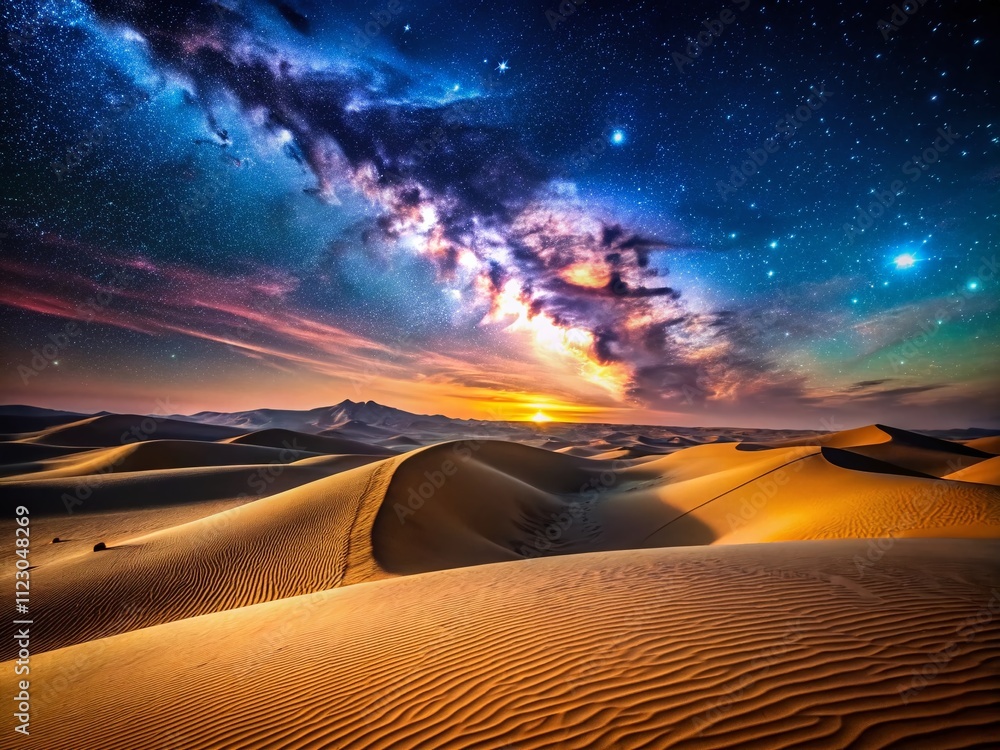 Naklejka premium Serene Desert Nightscape with Majestic Dunes and Clear Starry Sky, Perfect for Tranquil and Natural Imagery, Evoking Calmness and Peaceful Wilderness Experiences