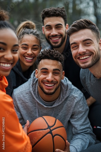 Close-up of five friends in modern athletic gear, one tying their shoelaces, another flexing their arm jokingly photo