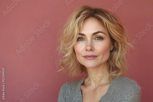 Portrait of smiling middle aged woman on color background. Attractive caucasian woman on pink background. Generated AI