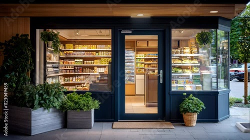 Grocery Store Entrance Storefront Facade Displaying Fresh Produce and Goods
