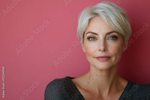 Portrait of smiling middle aged woman on color background. Attractive caucasian woman on pink background. Generated AI
