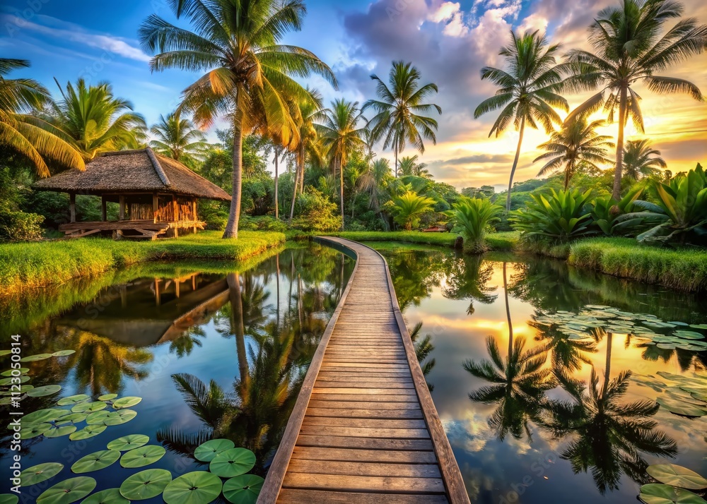 Fototapeta premium Serene Long Exposure of a Traditional Balinese Front Yard Garden Featuring a Wooden Pathway, Lotus Pond, and Lush Tall Palm Trees in Tranquil Nature Setting