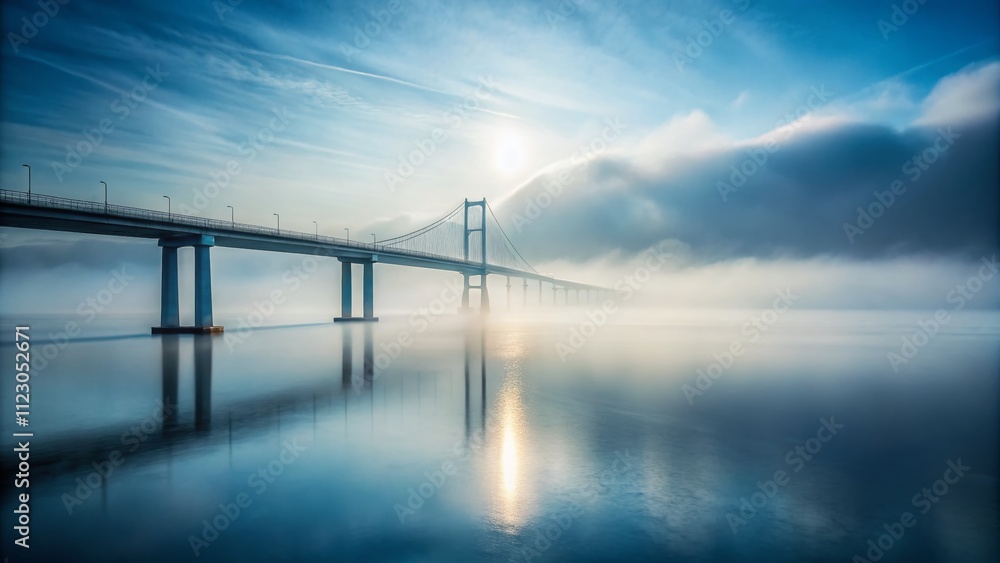 Fototapeta premium Serene Misty Ocean Bridge Enveloped in Fog: A Minimalist Perspective on Nature's Tranquility and Depth
