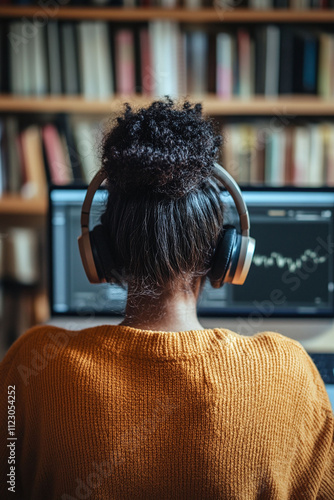 teenage girl learning calligraphy at her desk her favorite music playing through wireless headphones. photo