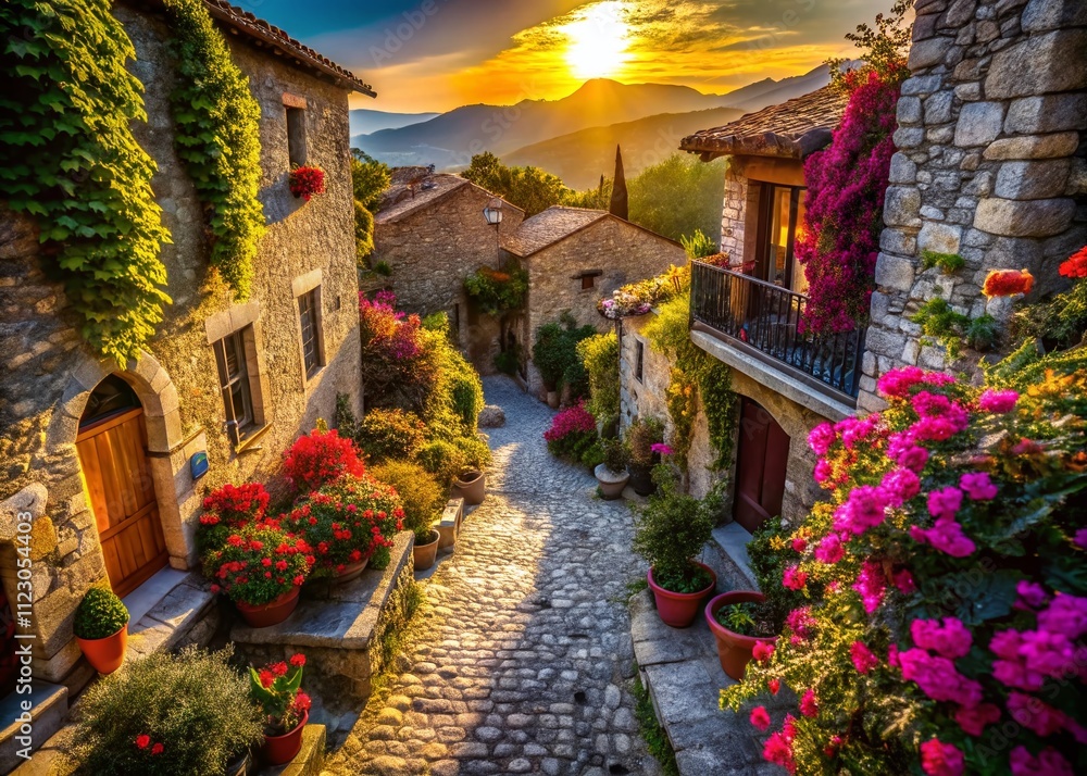 Naklejka premium Serene Pathway Through a Stone Village Lined with Colorful Flowers and Charming Architecture on a Bright Sunny Day, Perfect for Travel and Landscape Photography