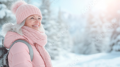 A woman in winter hat and jacket in the forest with a backpack, pastel pink and gray tones