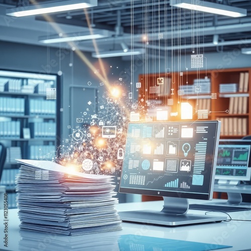 Document Transformation Illustration: Paper Stacks Disintegrating into Digital Files on Computer Interface, Highlighting Archiving Technology