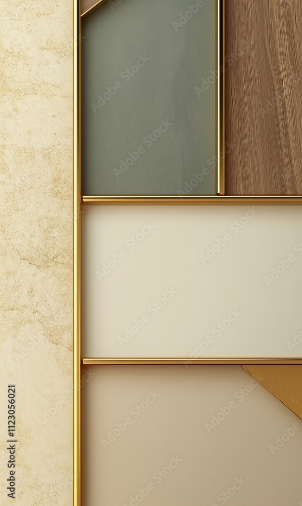 Fototapeta premium Royal geometric background for showcasing, white and beige colour gradients with gold and teak wood materials and colours.