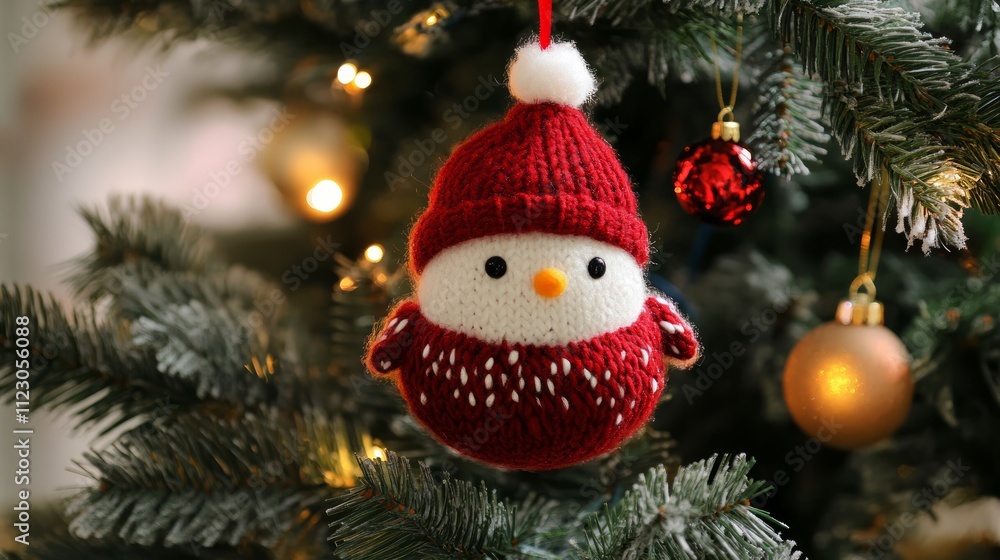 Knitted snowman ornament hanging on a decorated Christmas tree. Knitted snowman ornament hanging on a decorated Christmas tree.