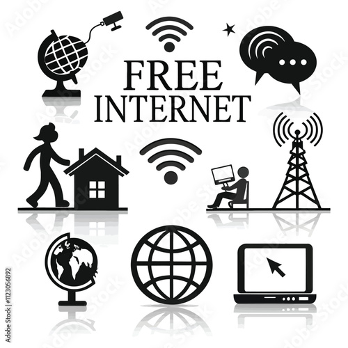 Icons Representing Free Internet Access and Connectivity, a collage of various black and white icons related to internet connectivity and free internet services