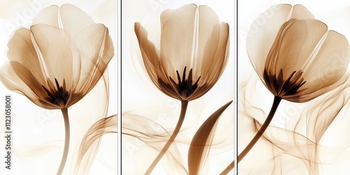 Elegant triptych of soft, sepia-toned flowers with flowing lines and gentle curves.