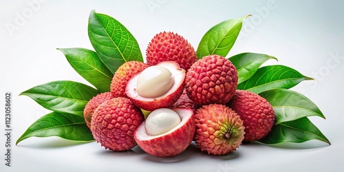 Set of Juicy Lychee Fruits Whole and Cut in Half with Leaves, Isolated Against a Clean Background for Culinary and Fruit Market Use