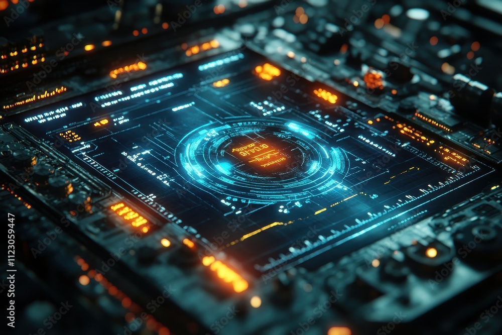 Fototapeta premium A futuristic circuit board with glowing interfaces and digital displays.
