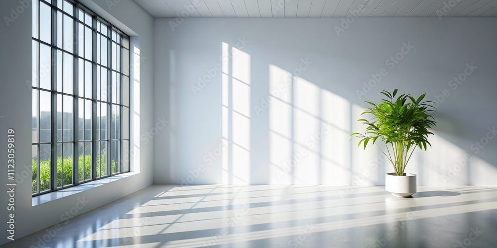 Fototapeta premium Silhouette of a Minimalist Empty White Room with a Large Window, Showcasing a Single Plant Against a Bright Abstraction of Light and Shadows in a Modern Space
