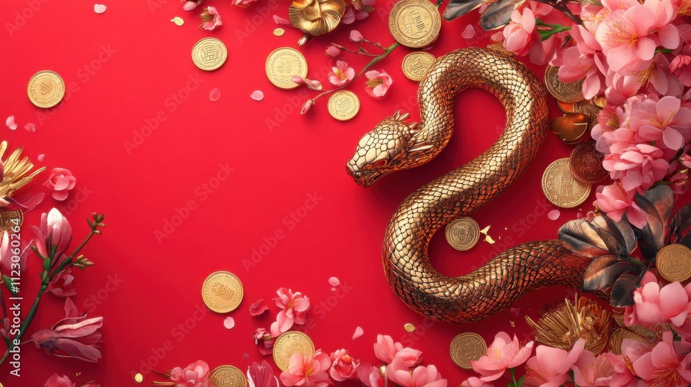 Obraz premium Gold snake with coins, cherry blossoms, and festive elements on a vibrant red background for Chinese New Year 2025