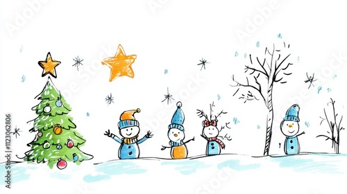 Cheerful Hand-Drawn Illustration of Snowmen and Christmas Tree in Winter Wonderland, Capturing the Joy and Spirit of the Holiday Season with Bright Colors and Playful Elements