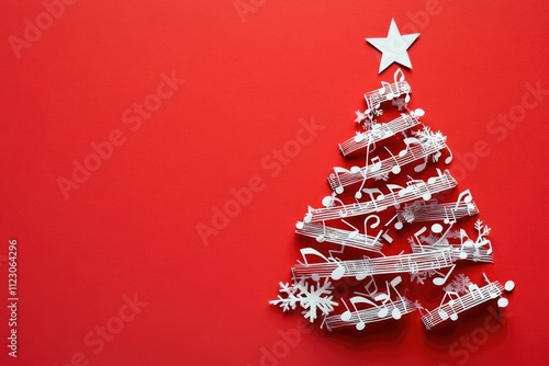 A creative Christmas tree made of musical notes and decorations on a red background.