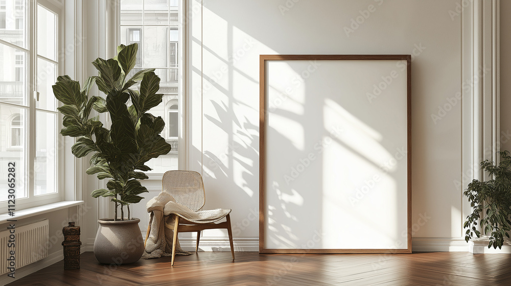 Fototapeta premium Large Wooden Frame Leaning Against Crisp White Wall on Mahogany Wood Floor - Mockup