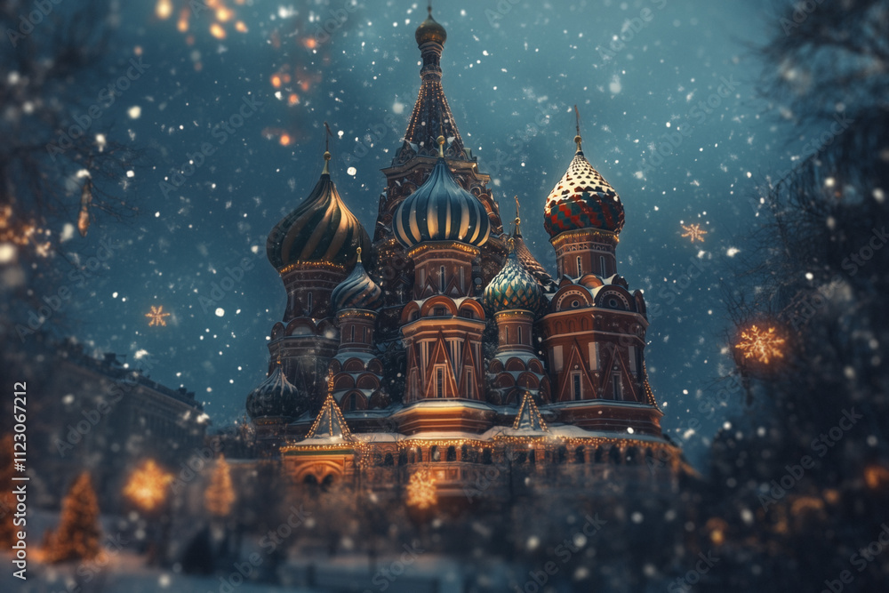 Obraz premium Celebrating Orthodox Christmas on January 7th with a serene winter landscape, a majestic Orthodox cathedral, and spectacular fireworks overhead.