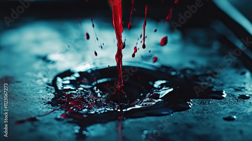 Macro view of ink flowing smoothly into a cap, with droplets splattering slightly on a metal tray photo