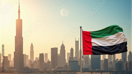 city skyline with american flag