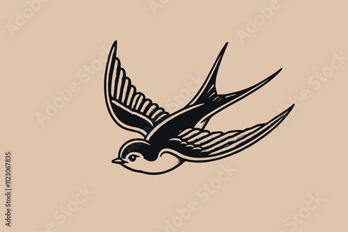 Flying swallow.   Black and white tattoo sketch, vector illustration, emblem