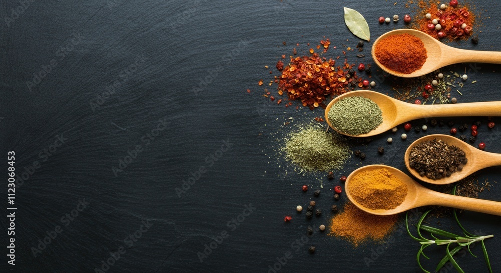 Assorted spices in wooden spoons on dark background Assorted spices in wooden spoons on dark background