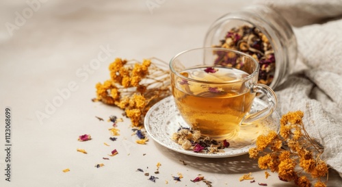 Tranquil herbal tea moment with loose leaves flowers photo