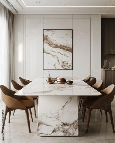 Italian minimalist dining room with marble dining table, clean white walls