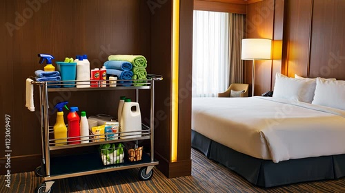 Hotel Room with Cleaning Cart Stocked with Supplies, Fresh Towels, and Neatly Made Bed in a Cozy Interior

 photo