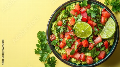 A bowl of vibrant guacamole with fresh lime and cilantro, on a pastel yellow background