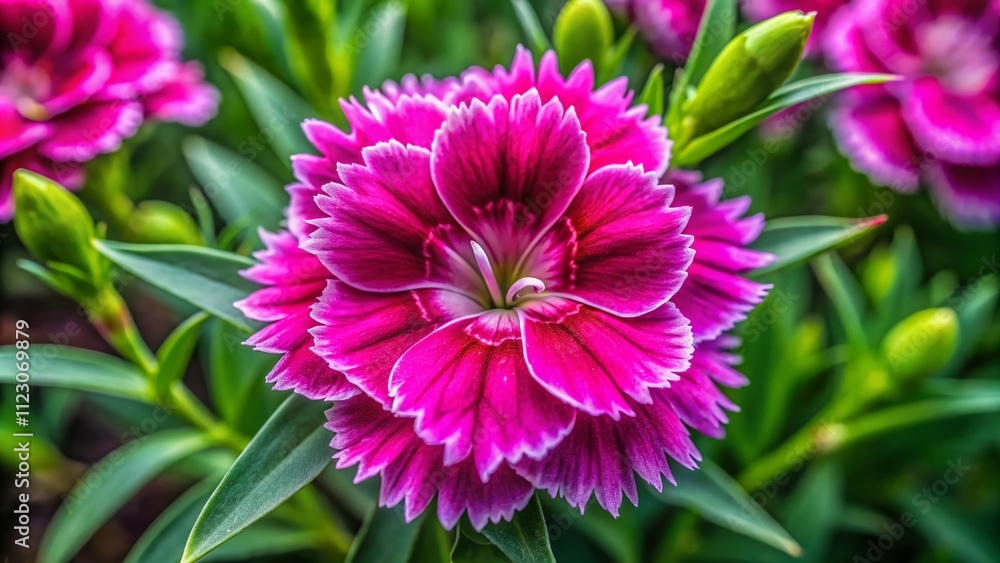 Fototapeta premium Stunning Aerial Macro Shot of a Vibrant Pink Dianthus Flower Captured from Above, Showcasing Its Petals and Natural Beauty in High Detail