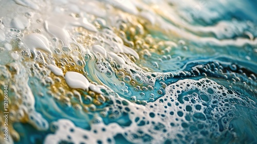 A close-up of a wave crest, capturing the delicate foam patterns and vibrant ocean colors