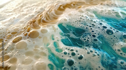 A close-up of a wave crest, capturing the delicate foam patterns and vibrant ocean colors
