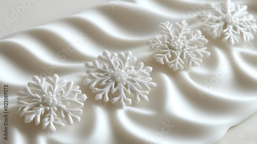 White snowflakes arranged on a wavy white surface