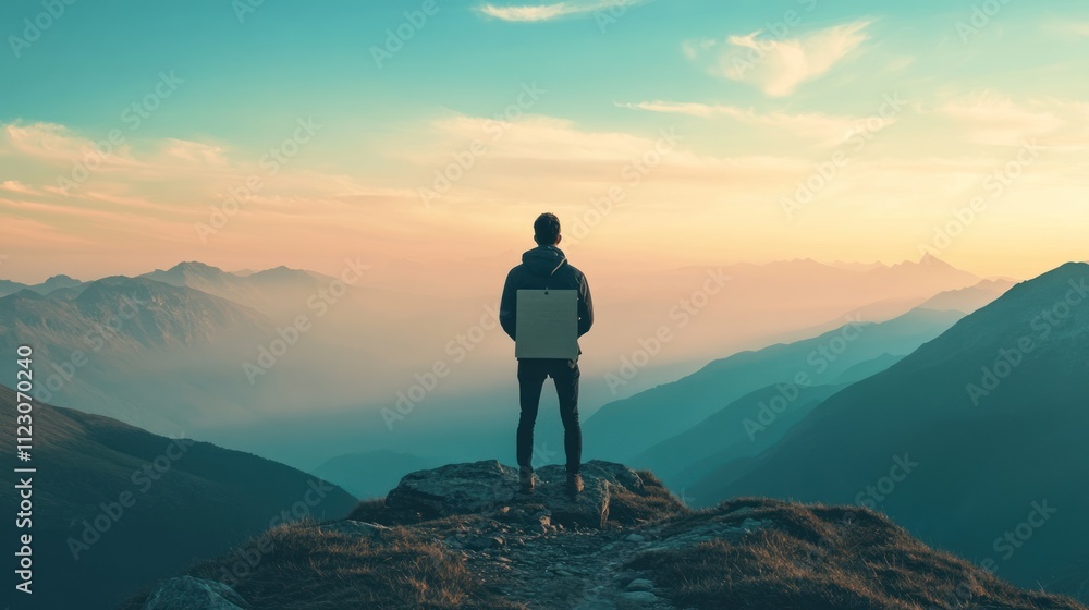 Fototapeta premium Contemplation on a Mountain Peak: A Man Gazes at a Breathtaking Sunset Over the Majestic Mountains
