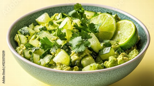 A bowl of vibrant guacamole with fresh lime and cilantro, on a pastel yellow background