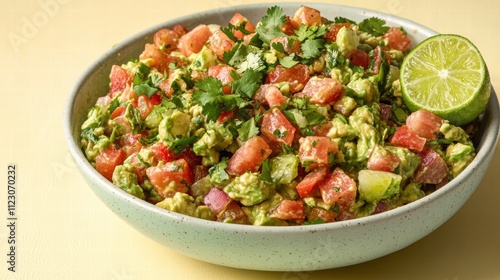 A bowl of vibrant guacamole with fresh lime and cilantro, on a pastel yellow background