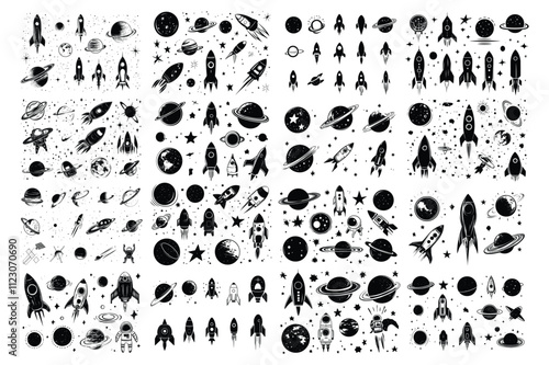 Space-Themed Black and White Illustrations: Rockets, Planets, Stars, and Astronaut Designs