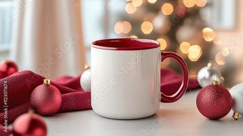 White mug with red interior and red handle Christmas decorations against a light background photo